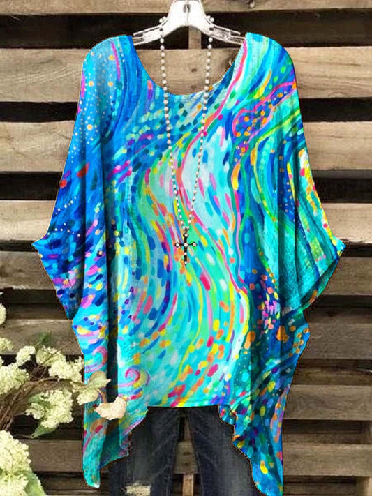 Women's Abstract Watercolor Pencil Wave Stripe Print Top