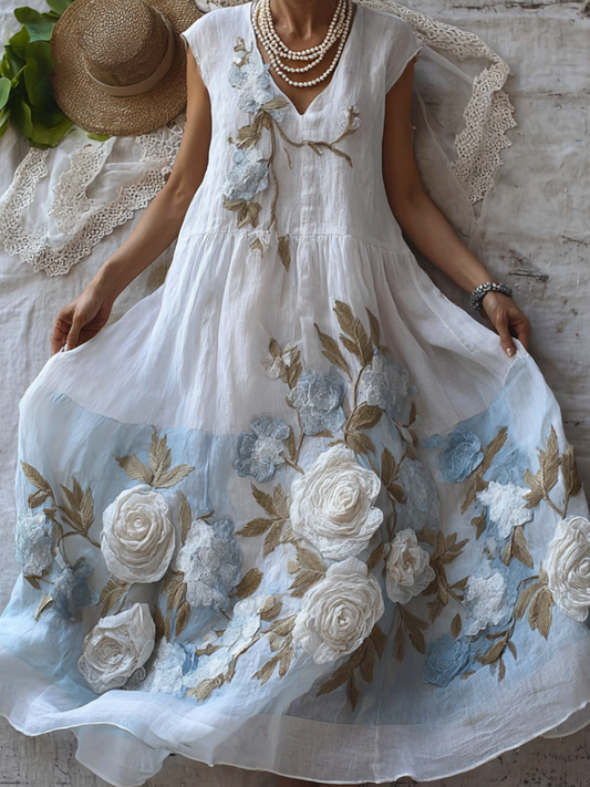 Women's 3d Flower Embroidery Thin Cotton And Linen Sleeveless Dress elevenforest