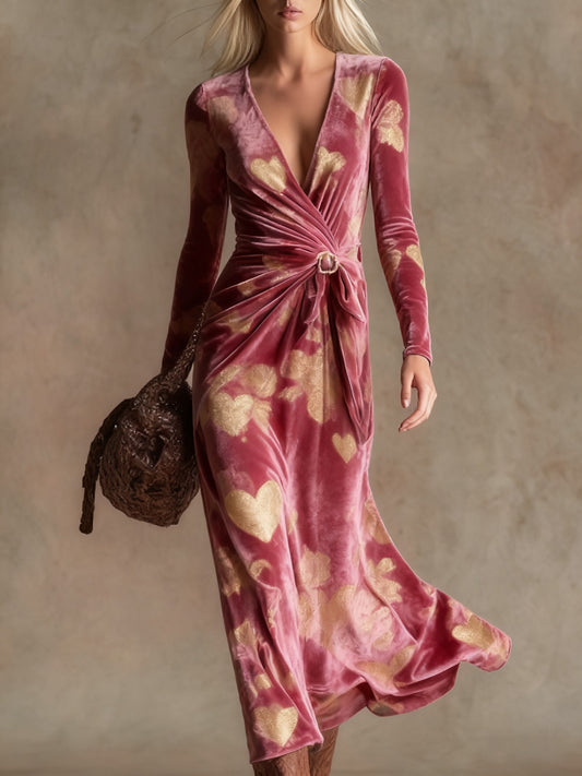 Elegant vintage print V-neck velvet maxi dress