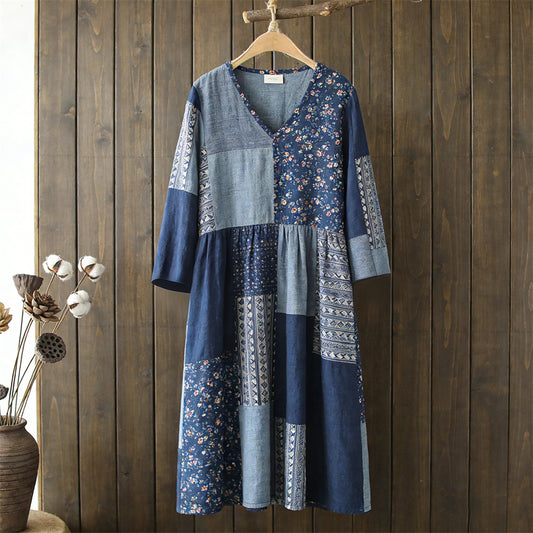 Japanese Vintage Geometric Floral Patchwork Women's Linen Maxi Dress elevenforest