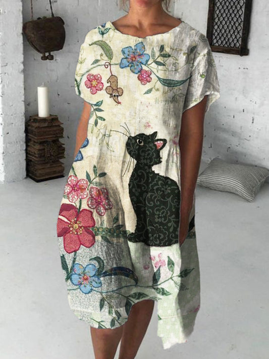 Cat in Nature Fiber Art Pleated Midi Dress