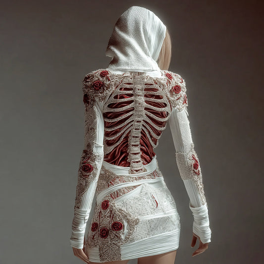 Women's Skeleton Roses Bandages Sequins Art Cozy Knit Hooded Mini Sweater Dress artswardrobe