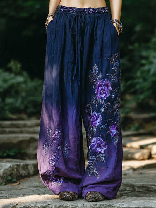 Vintage Purple Roses Embroidered Gradient Linen Trousers elevenforest