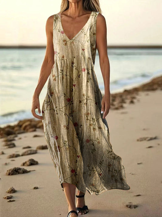 Women's Floral Art Print Pocket Cotton Dresses