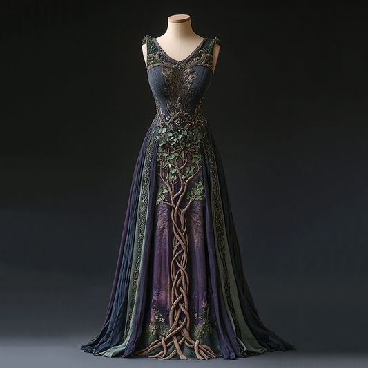Women's Vintage Viking Celtic Knot Tree Of Life Pattern V-neck Tank Maxi Dress elevenforest