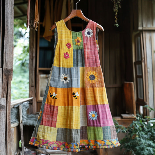 Vintage Floral With Bees In Plaid Embroidered Cozy Linen Midi Dress elevenforest