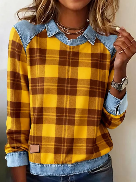 Women's Casual Lapel Plaid Pullover Sweatshirt 