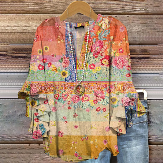 Women's Floral Pattern Art Print Cotton Linen Casual Shirt