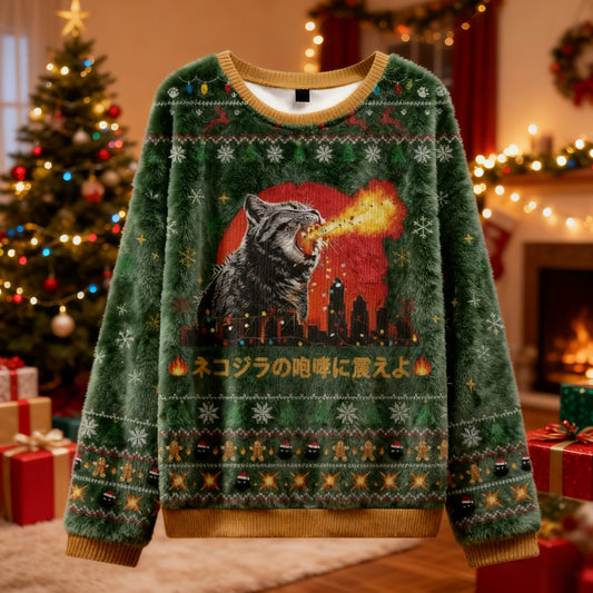 Tremble Before The Roar Of Catzilla Christmas Ugly Sweater elevenforest