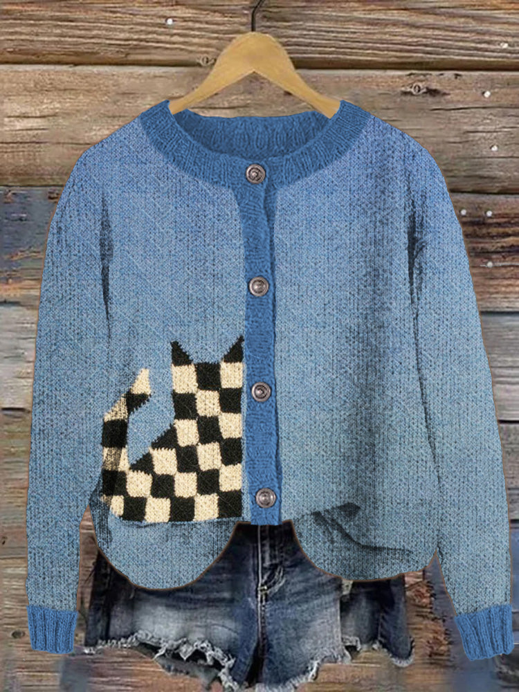Checkerboard Cat Women's Sweater Cardigan elevenforest