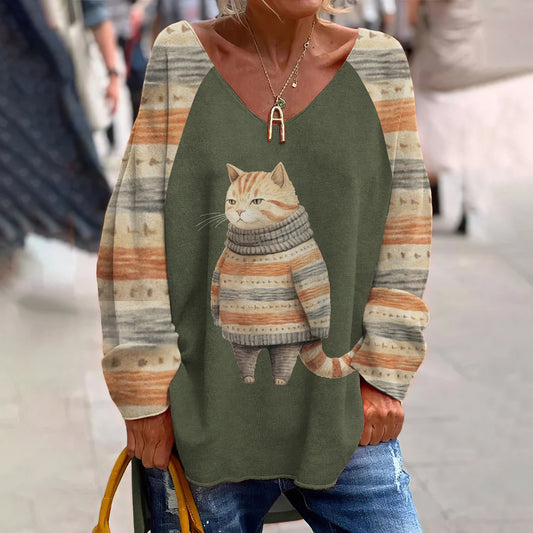 Comstylish Women's Fat Cat In Cute Sweater Print Long Sleeve T-Shirt
