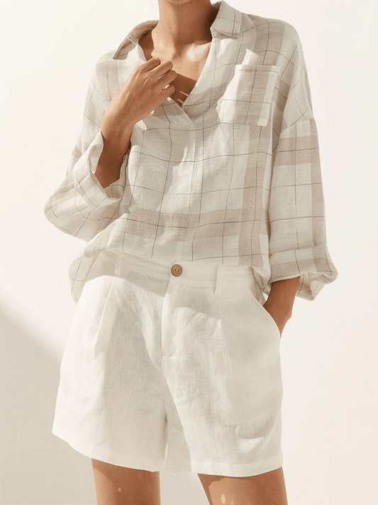 Women's Plaid V-Neck Pocket Patchwork Loose Casual Long-Sleeved Top