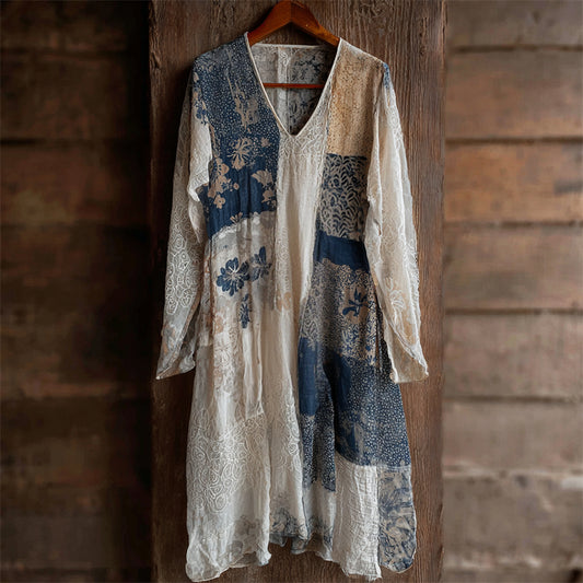 Japanese Floral Sashiko Patchwork Lace Flowy Maxi Dress elevenforest