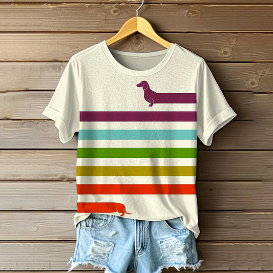 Women's Funny Dachshund Inspired Painting Casual Linen T-shirt elevenforest