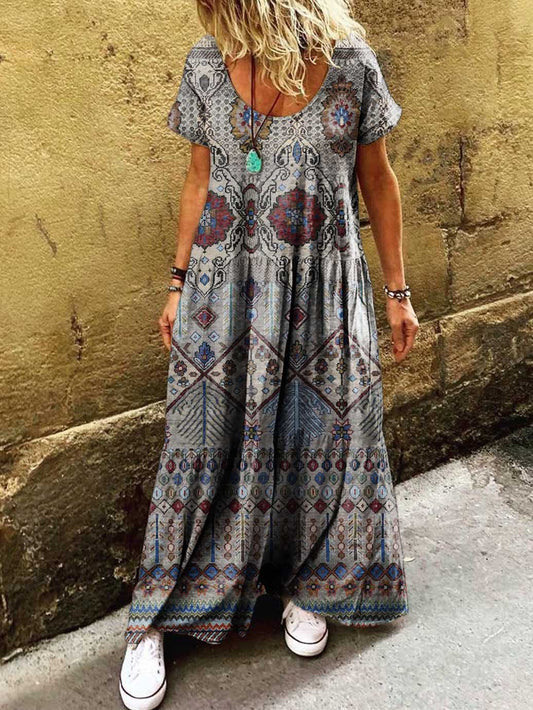 Women's Ethnic Irregular Pattern Art Print Pocket Short Sleeve Cotton