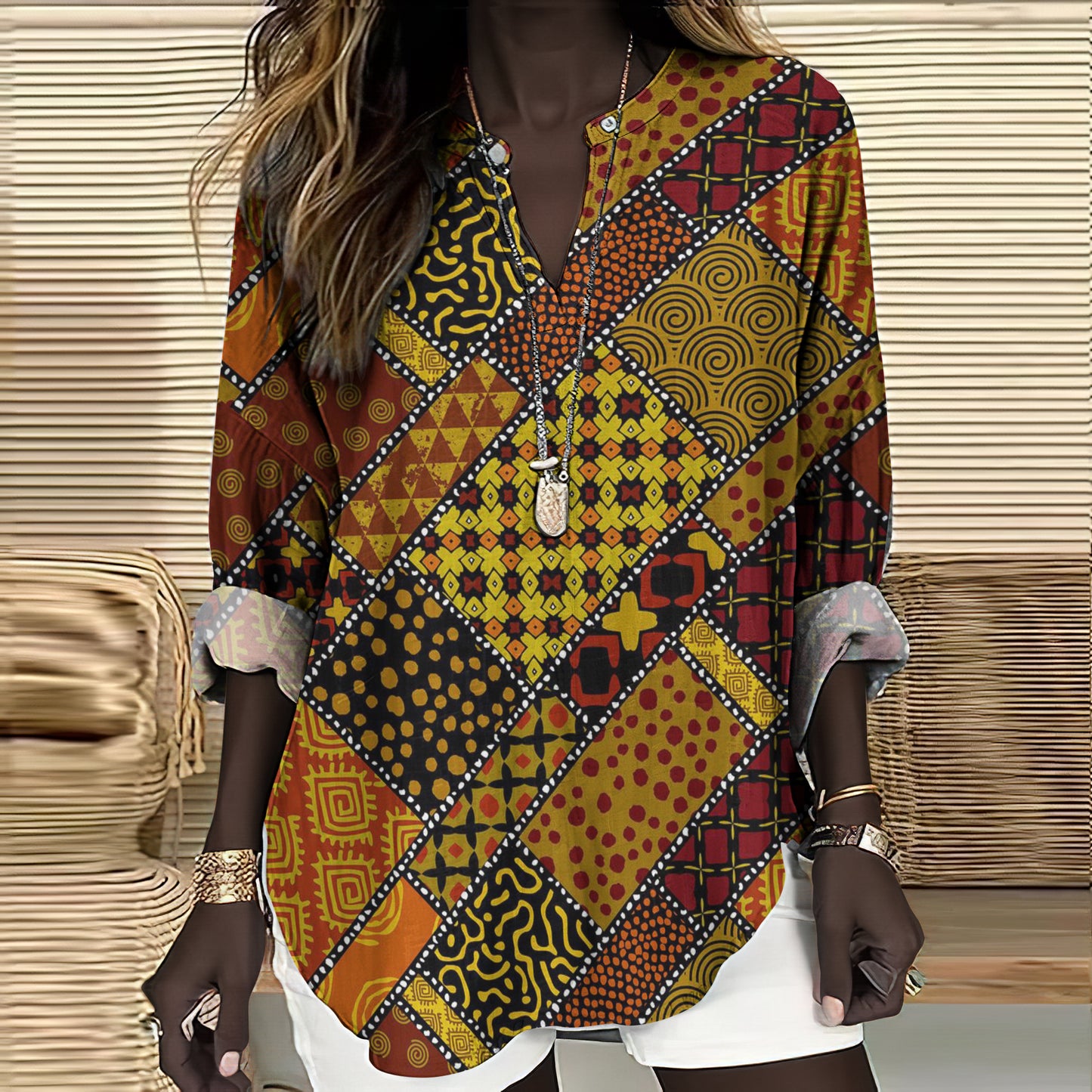 Comstylish African Art Print V-neck Linen Blend Blouse