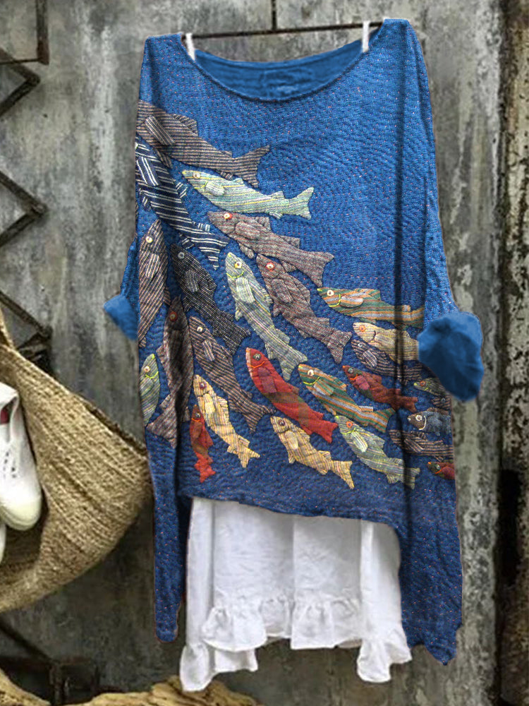 Women's Vintage Fish Patchwork Art Linen Blend Shirt elevenforest