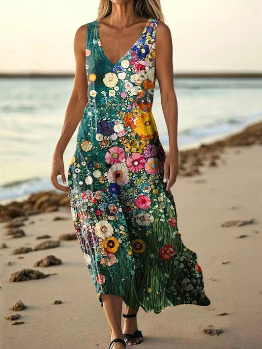 Women's Vintage Floral Art Print Pocket Cotton Dress