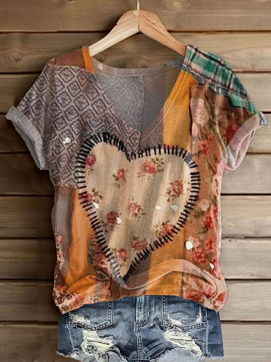 Women's Vintage Heart Pattern Art Print V-neck Casual T-Shirt