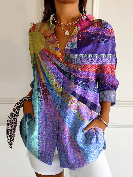 Women's Colorful Sun Collage Art Print Casual Cotton Shirt