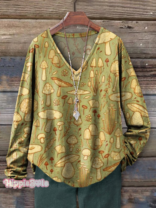 Women's Mushrooms Art Print 100% Cotton Casual V-neck Long Sleeve Shir