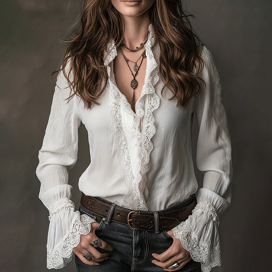 Women's Retro Lace Cotton And Linen Long-sleeved Shirt elevenforest
