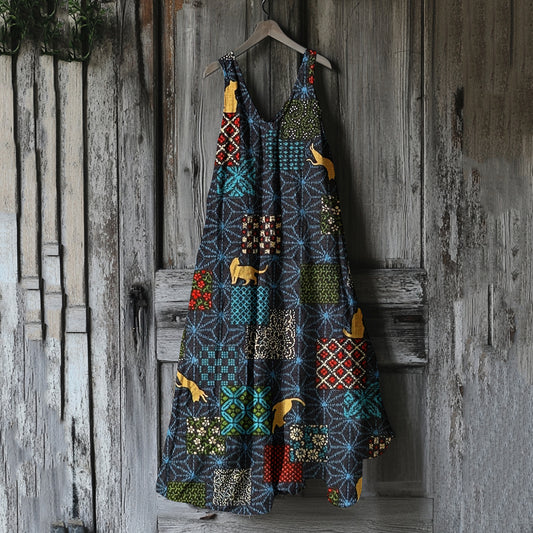 Women's Vintage Cat Geometric Art Linen Tank Dress