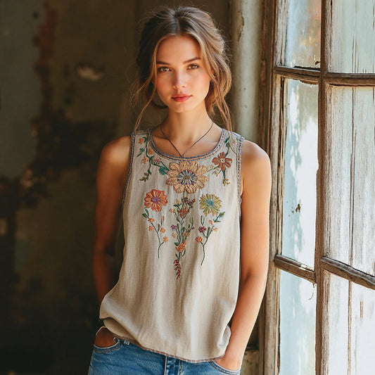 Vintage Bohemian Flowers Embroidery Art Linen Sleeveless Top elevenforest