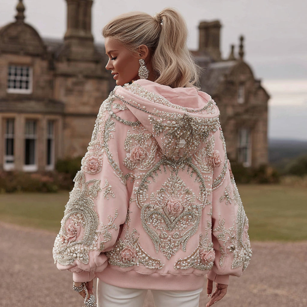 Women's Vintage Rose Embroidery Art Long Sleeve Hoodie