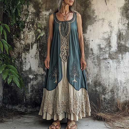 Women's Vintage Tribal Patchwork Linen Blend Midi Dress elevenforest