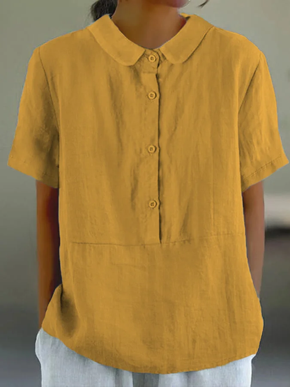 KS | Santorini - Women's plain-colored casual shirt with a round neckline and buttons.
