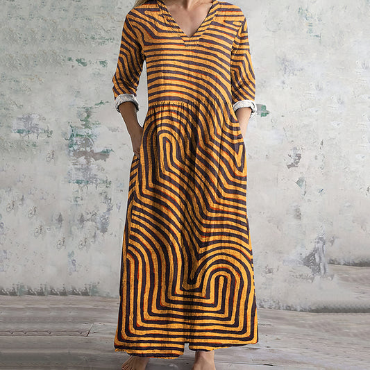 Women's Vintage Stripe Print V-neck Dress elevenforest