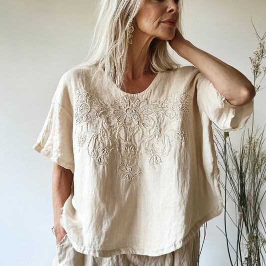 Vintage Floral Art Cotton Linen Crew Neck Shirt elevenforest