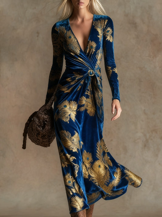 Elegant vintage print V-neck velvet maxi dress