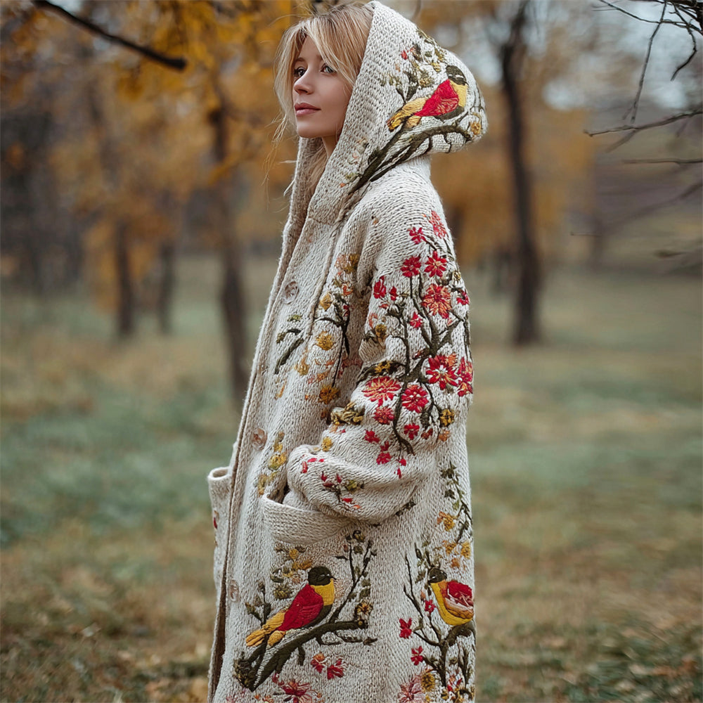Vintage Bird & Flower Embroidery Women's Knit Hooded Cardigan elevenforest