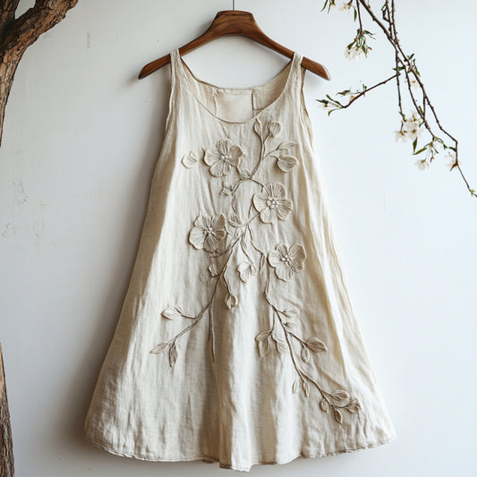 Vintage Floral Embroidery Casual Linen Sleeveless Dress elevenforest