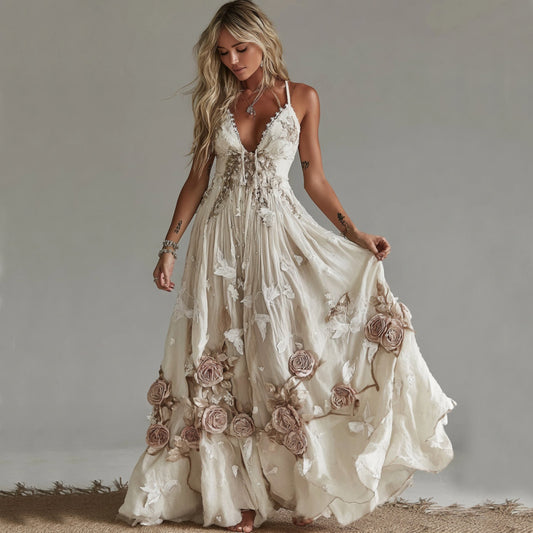 Women's Vintage Rose Embroidery Art V-neck Suspender Maxi Dress elevenforest