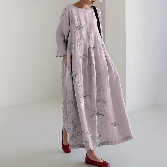Comstylish Women's Vintage Japanese Floral Art Print Loose Midi Dress