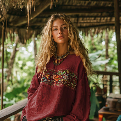 Retro Bohemian Art Embroidery Print Cotton And Linen Blend Loose Blouse artswardrobe