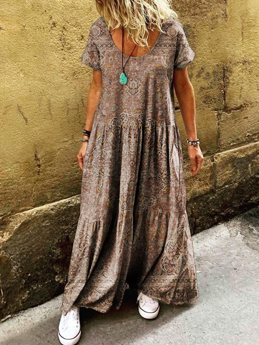 Women's Ethnic Pattern Art Printed Pocket Short Sleeve Cotton Dresses