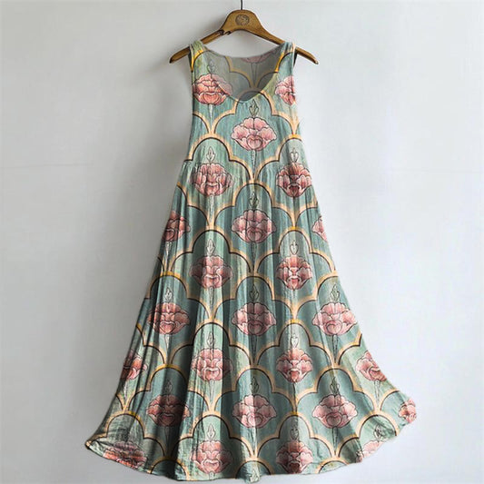 Women's Vintage Ethnic Floral Art Print Sleeveless Cotton Pocket Dress