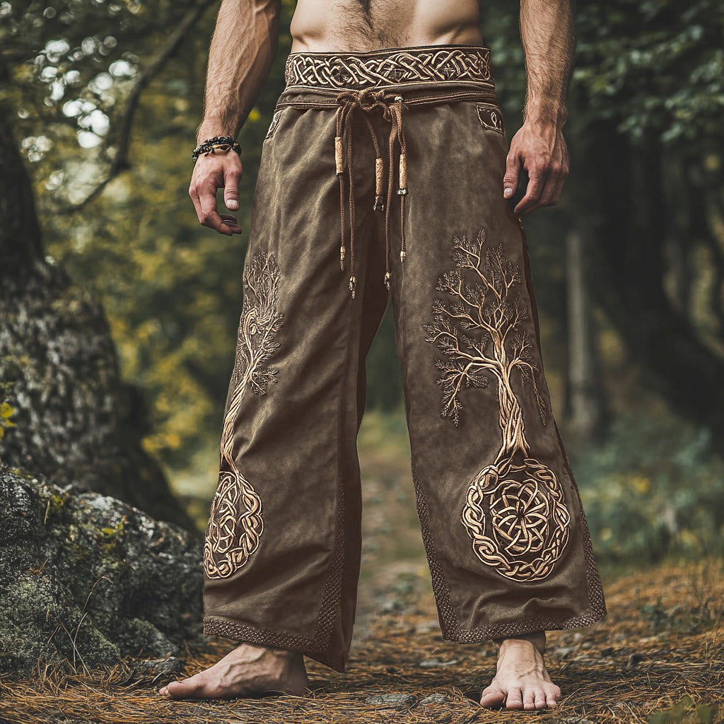 Vintage Life Of Tree Embroidery Art Linen Loose Wide-leg Pants artswardrobe