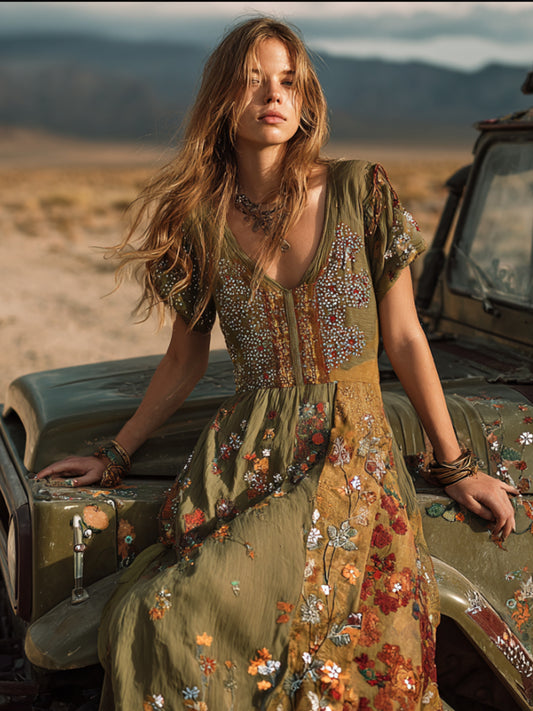 Bohemian Floral Pattern Multi-color Patchwork Three-dimensional Flower Embroidery Vintage Movie Green V-neck Short-sleeved Long Dress elevenforest