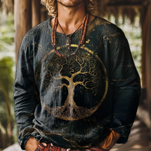 Men's Art Painting Tree Of Life Gradient Print Round Neck Long Sleeve Linen T-shirt elevenforest