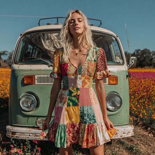 Countryside Style Collection Vintage Patchwork Floral Pattern Art Linen Short Sleeve Dress
