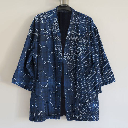 Japanese Traditional Sashiko Art Print Linen Blend Kimono Cardigan elevenforest