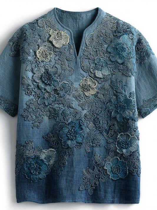 Vintage Floral Lace Embroidered Gradient Linen Shirt elevenforest
