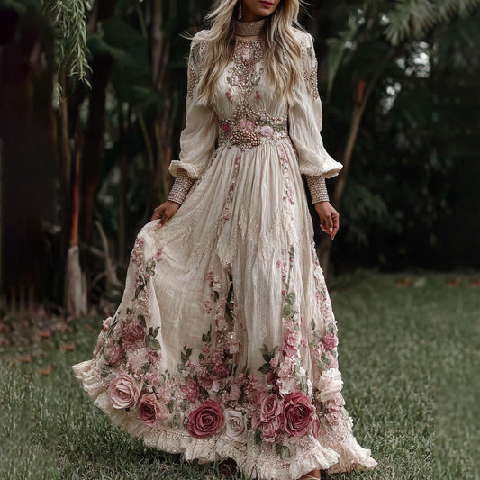 Women's Vintage Roses Embroidery Art Crew Neck Long Sleeves Maxi Dress