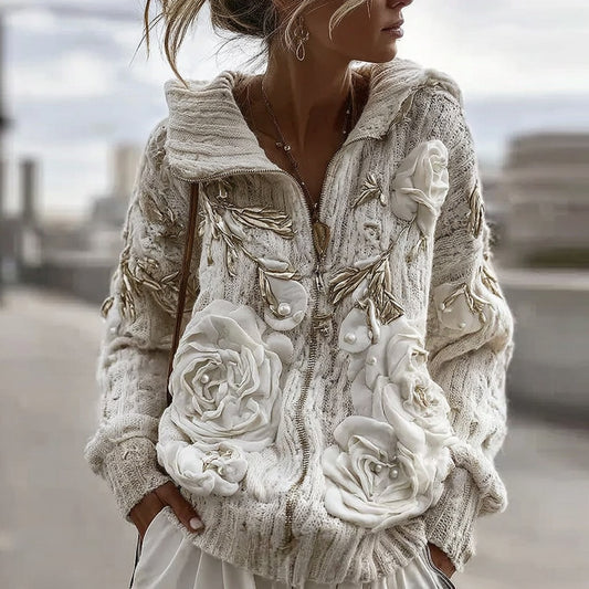 Women's Vintage White Rose Chunky Knit Zipper Cardigan Sweater elevenforest