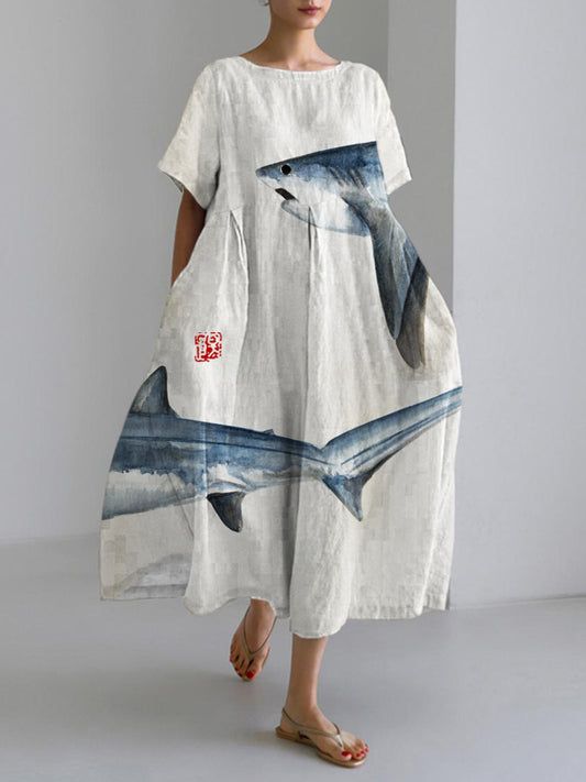 Ocean Shark Japanese Pattern Linen Maxi Dress elevenforest